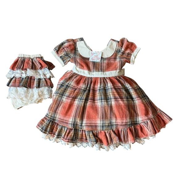 NWT Liv + Stella 8Y Girls Plaid Dress Set With Bloomers & Lace Trim